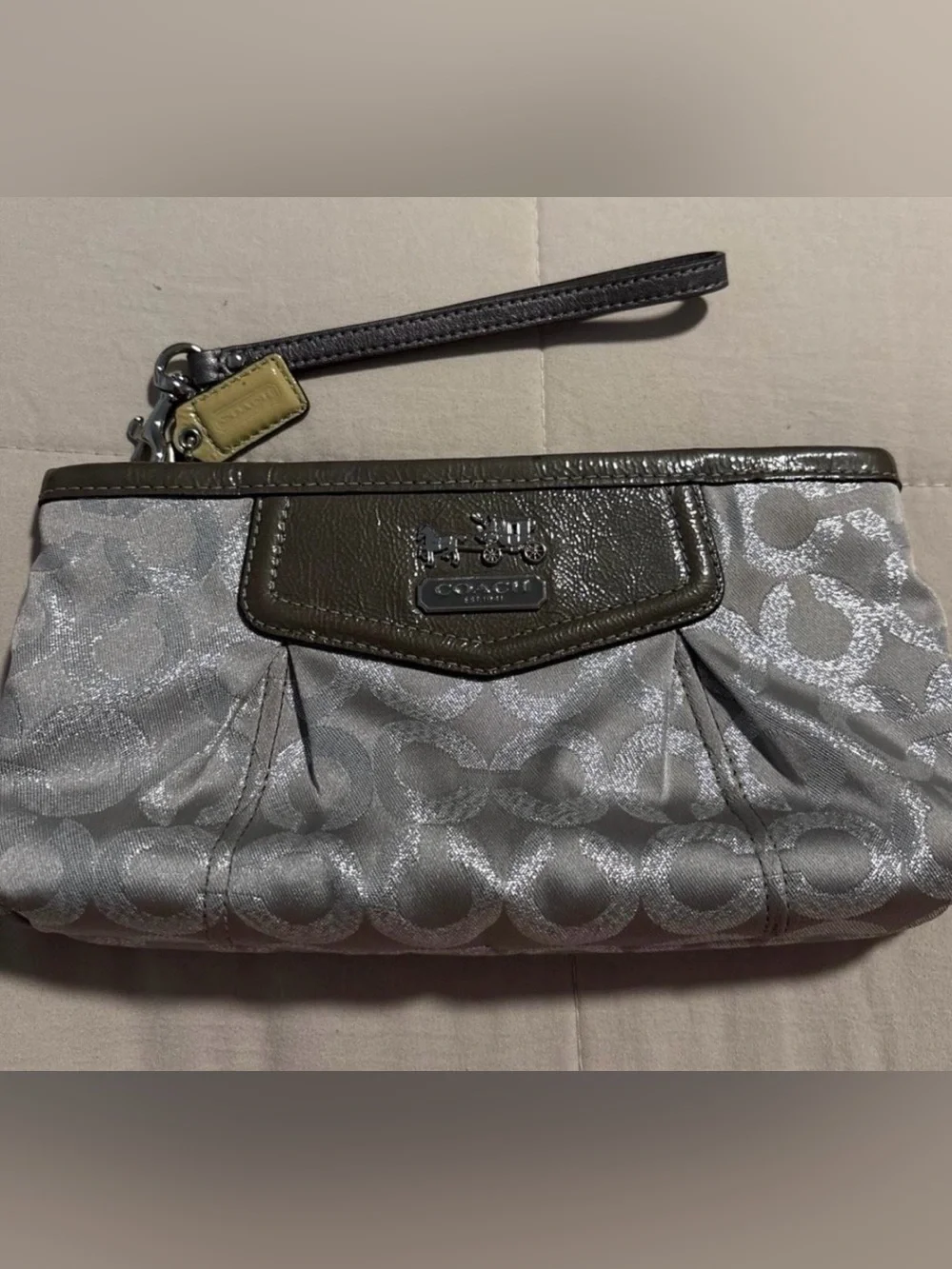 Coach Metallic Pewter Signature Wristlet with Dark Trim